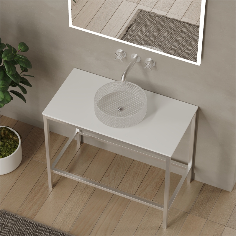 Luminous Brushed Stainless Steel Metal Vanity Set with Clear Glass White Sink