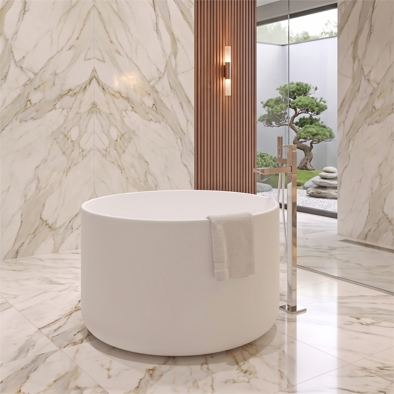 Premium Morden White Round Deep Solid Surface Stone Soaking Bathtub