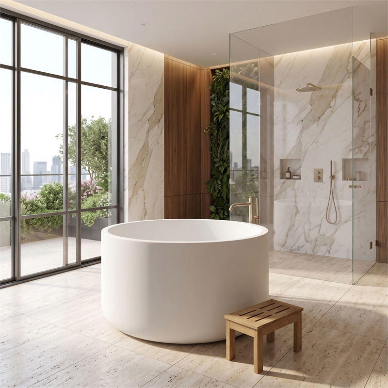 Premium Morden White Round Deep Solid Surface Stone Soaking Bathtub