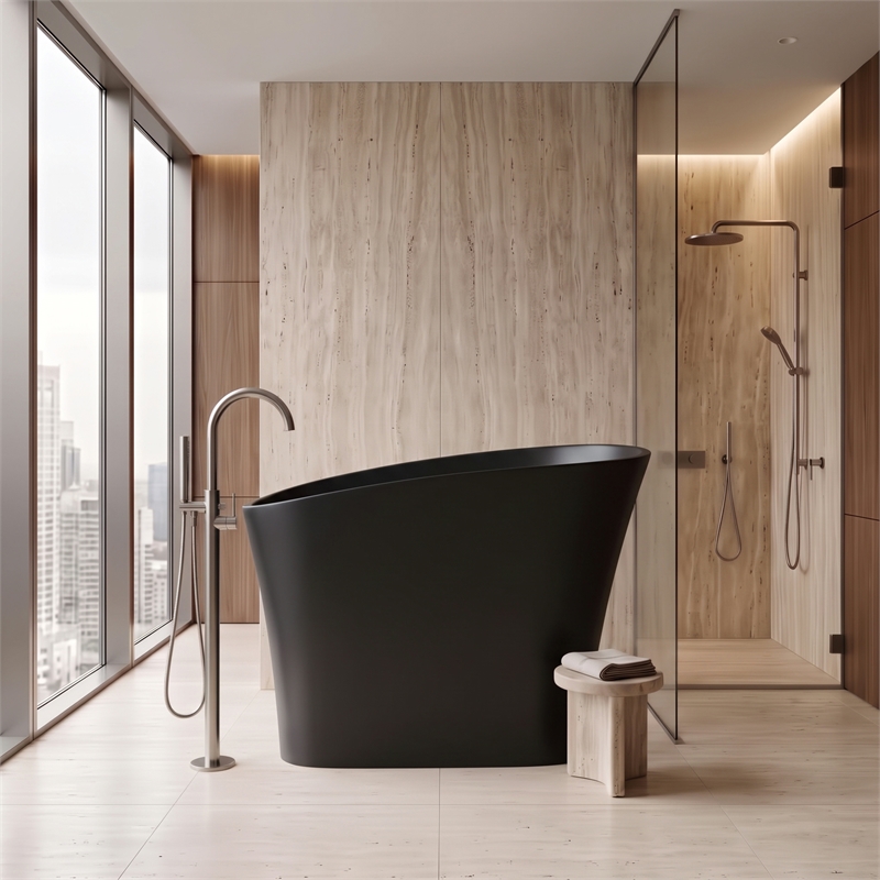 Modern Japanese Black Solid Surface Stone Soaking Bathtub-Perfect for Relaxation
