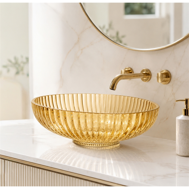 Lucine 21 in  Modern Clear Transparent With Gold Champagne Tempered Glass Oval Vessel Sink
