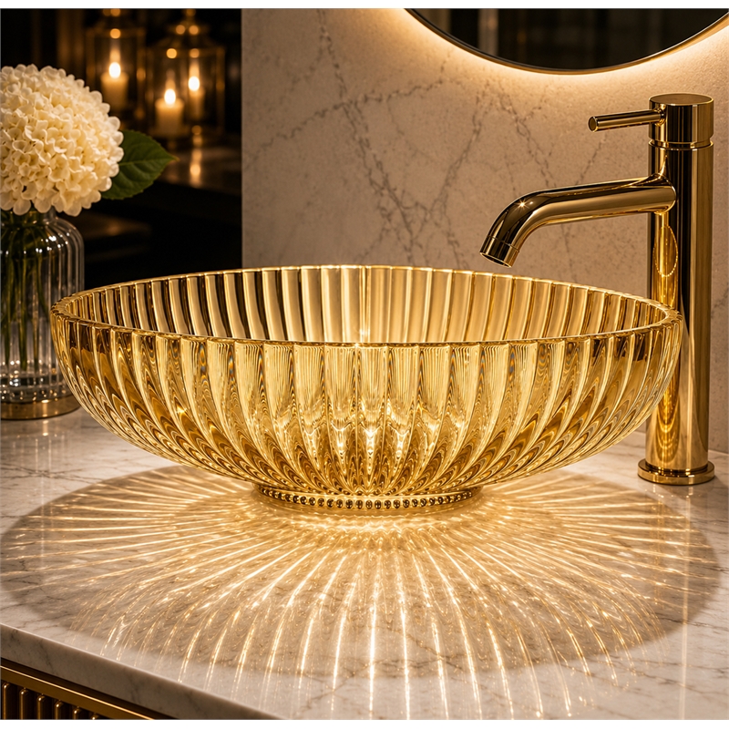 Lucine 21 in  Modern Clear Transparent With Gold Champagne Tempered Glass Oval Vessel Sink