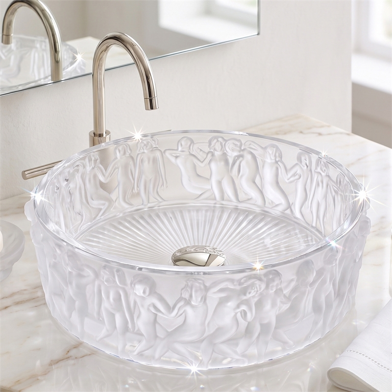 Olympus 16 in. Clear Frosted Glass Round Vessel Bathroom Sink Bowl