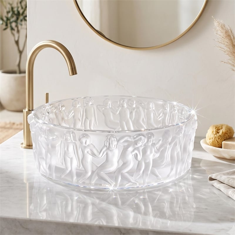 Olympus 16 in. Clear Frosted Glass Round Vessel Bathroom Sink Bowl