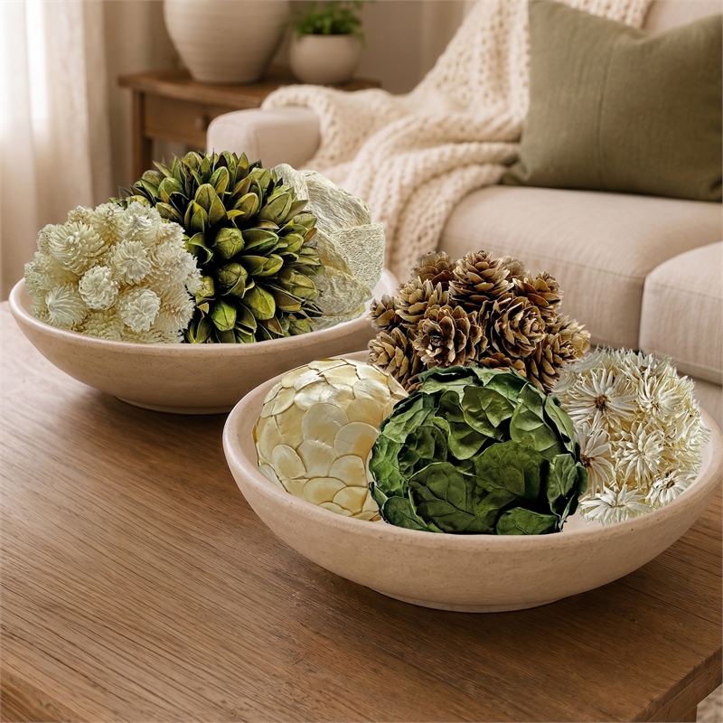 White Green and Brown Preserved Botanical Topiary Balls Decorative Bowl Filler Set of 7