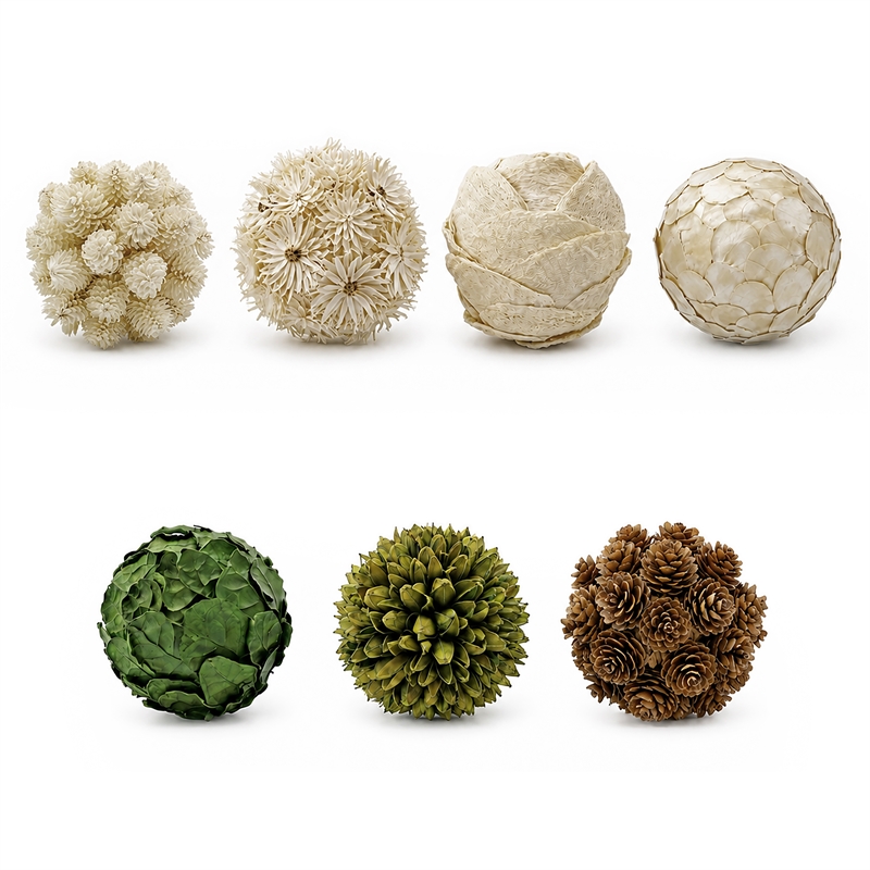 White Green and Brown Preserved Botanical Topiary Balls Decorative Bowl Filler Set of 7