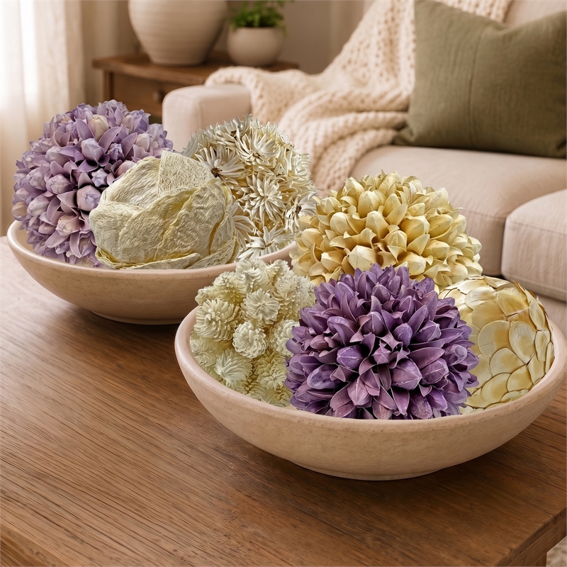 Purple and White Natural Preserved Topiary Balls Decorative Bowl Filler Set of 7