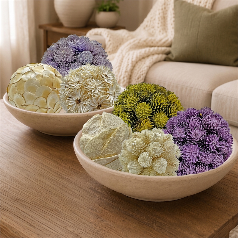 Purple Green and White Natural Preserved Topiary Balls Bowl Filler Set of 7