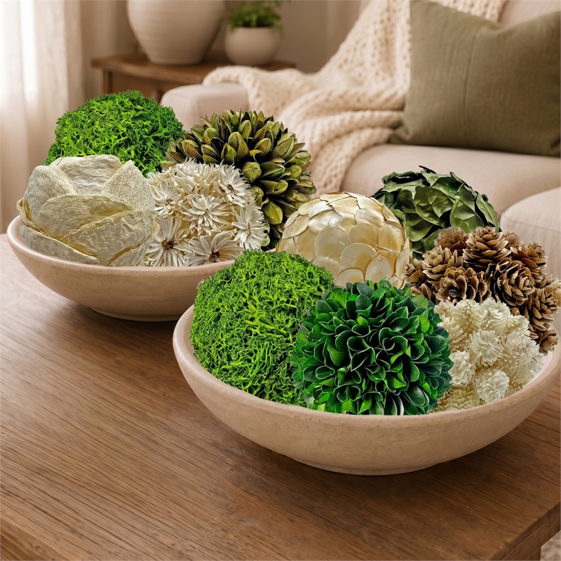 White Brown Green Natural Preserved Topiary Balls Bowl Filler Set of 10