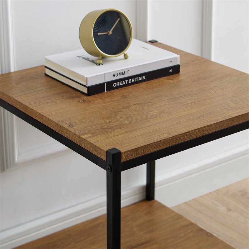 Eden Home Wood & Metal Frame End Table with Storage Shelf in Oak Brown