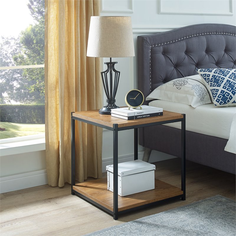 Eden Home Wood & Metal Frame End Table with Storage Shelf in Oak Brown
