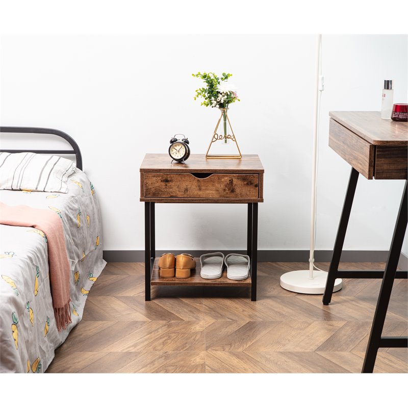 Eden Home Modern Wood End Table with Drawer and Storage Shelves in Brown