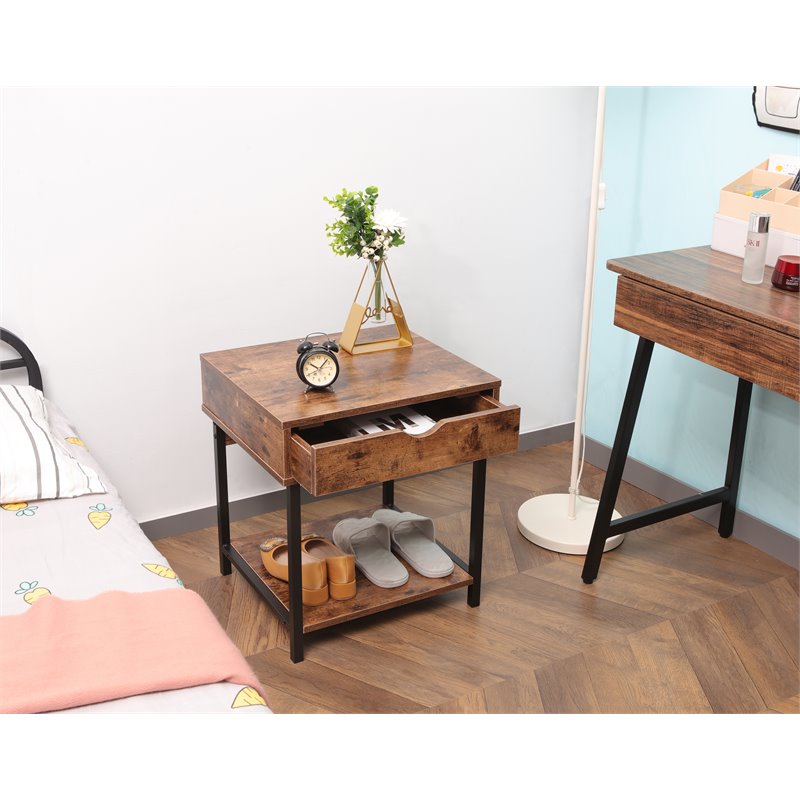 Eden Home Modern Wood End Table with Drawer and Storage Shelves in Brown