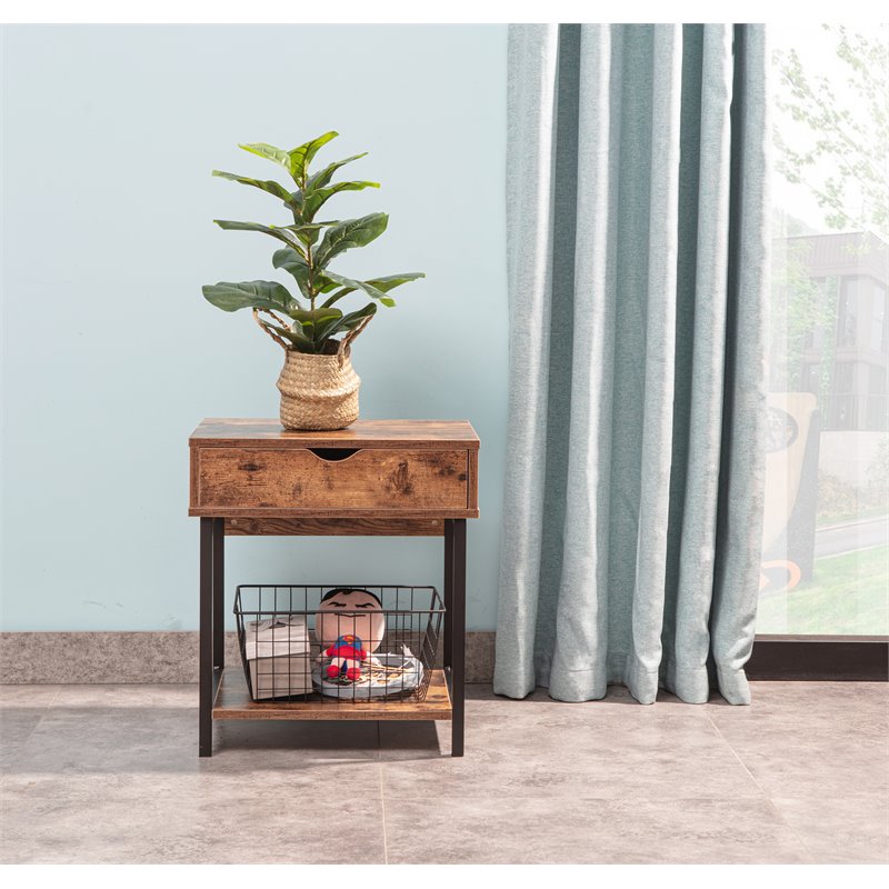 Eden Home Modern Wood End Table with Drawer and Storage Shelves in Brown