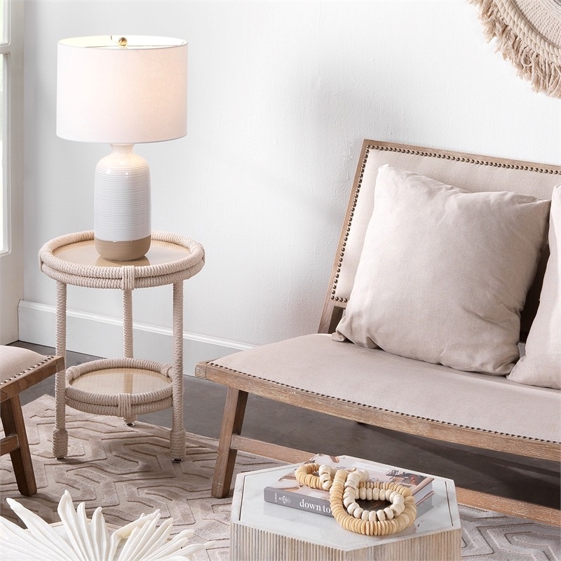 Eden Home 1-Light Transitional Ceramic Table Lamp with Linen Shade in White