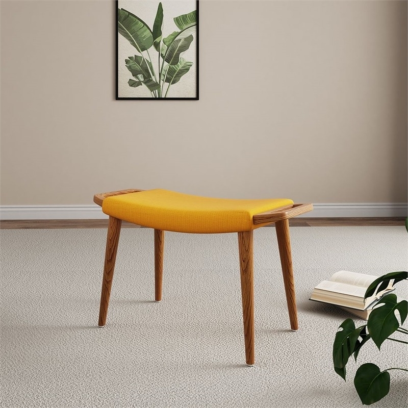 Eden Home Contemporary Linen Fabric & Wood Ottoman in Yellow/Antique Walnut