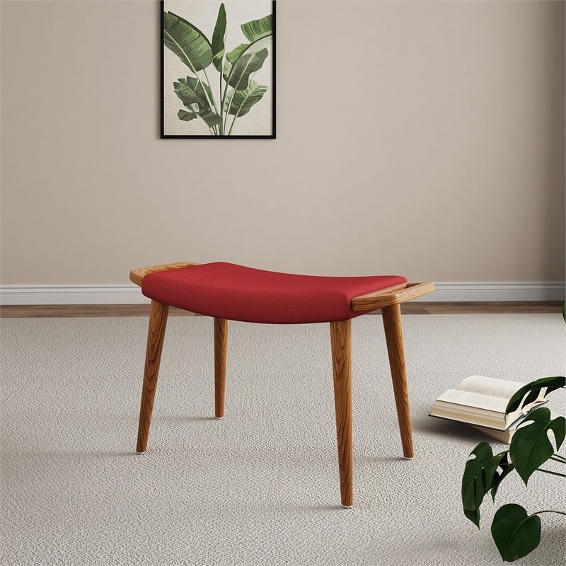 Eden Home Contemporary Linen Fabric & Wood Ottoman in Red/Antique Walnut