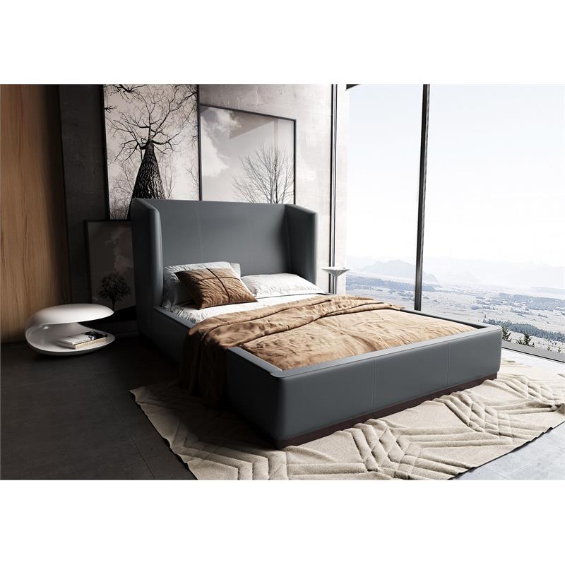 Eden Home Upholstered Contemporary Faux Leather Queen Bed Frame in Graphite Gray