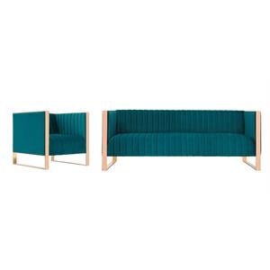 Eden Home 2-Piece Modern Velvet/Metal Sofa & Armchair Set in Teal Blue/Rose Gold