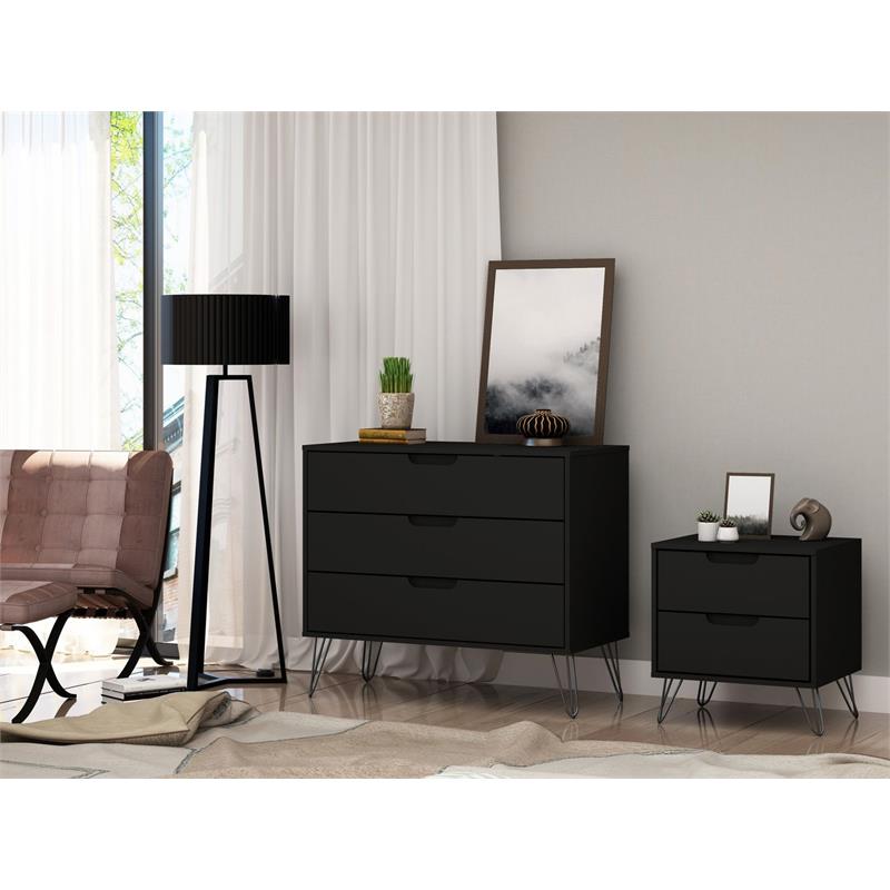 Eden Home 3-Drawer Mid-Century Wood Dresser and Nightstand in Black