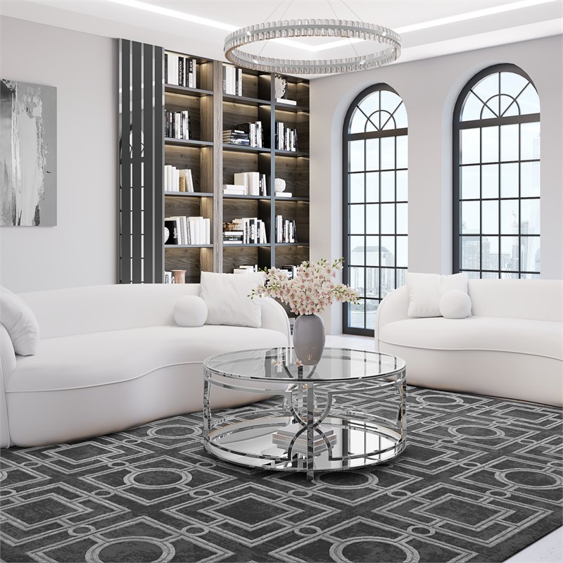 Eden Home Modern Round Metal-Glass Coffee Table in Polish Silver Finish