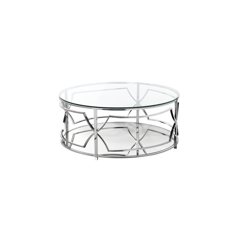 Eden Home Modern Round Metal-Glass Coffee Table in Polish Silver Finish