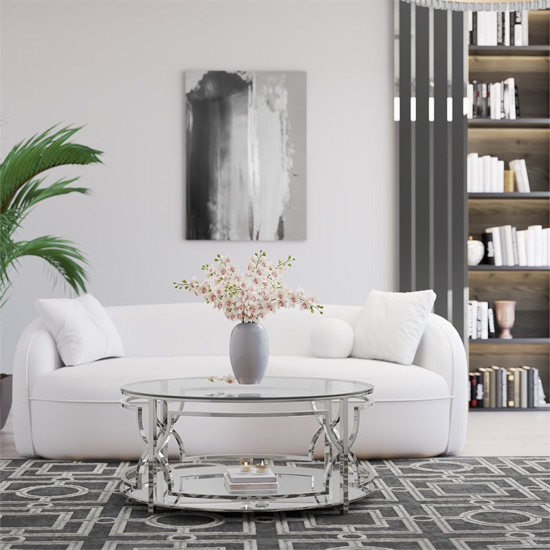Eden Home Modern Round Metal-Glass Coffee Table in Polish Silver Finish