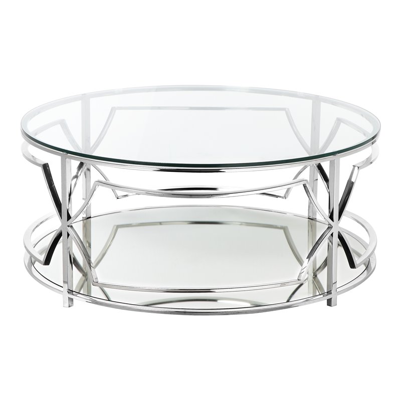 Eden Home Modern Round Metal-Glass Coffee Table in Polish Silver Finish