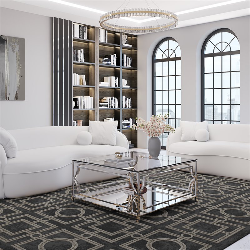 Eden Home Modern Square Metal-Glass Coffee Table in Polish Silver Finish