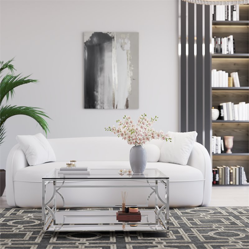 Eden Home Modern Square Metal-Glass Coffee Table in Polish Silver Finish
