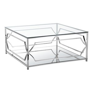 Eden Home Modern Square Metal-Glass Coffee Table in Polish Silver Finish