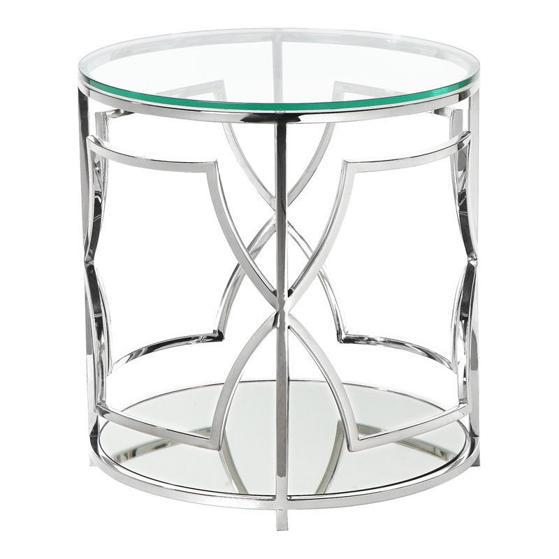 Eden Home Modern Round Metal-Glass Side Table in High Polish Silver Finish