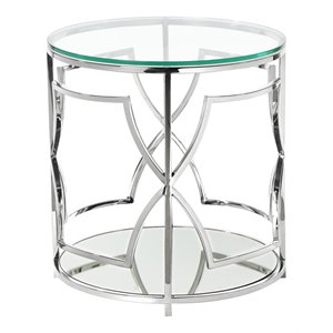 Eden Home Modern Round Metal-Glass Side Table in High Polish Silver Finish
