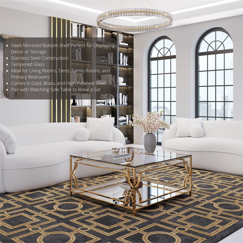 Eden Home Modern Square Metal and Glass Coffee Table in Polish Gold Finish