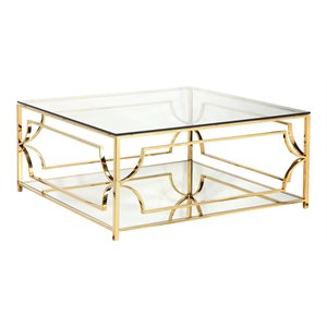 Eden Home Modern Square Metal and Glass Coffee Table in Polish Gold Finish