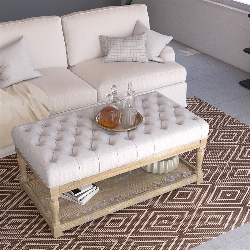 Eden Home Farmhouse Rectangular Fabric and Wood Coffee Table in White Finish