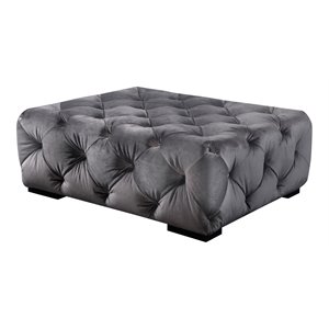 Eden Home Traditional 17&quot Rectangular Velvet Ottoman in Silver Finish