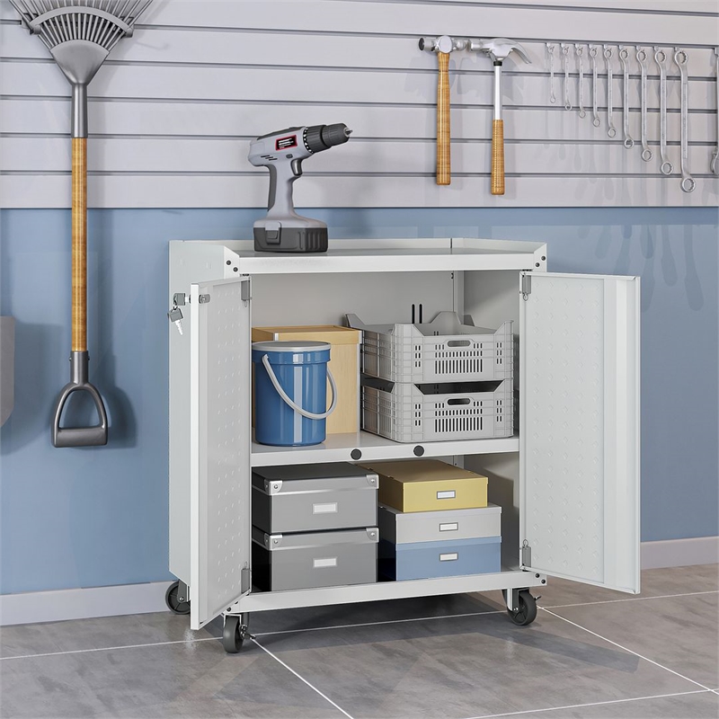 Eden Home Modern Metal Mobile Garage Cabinet with Shelves in White