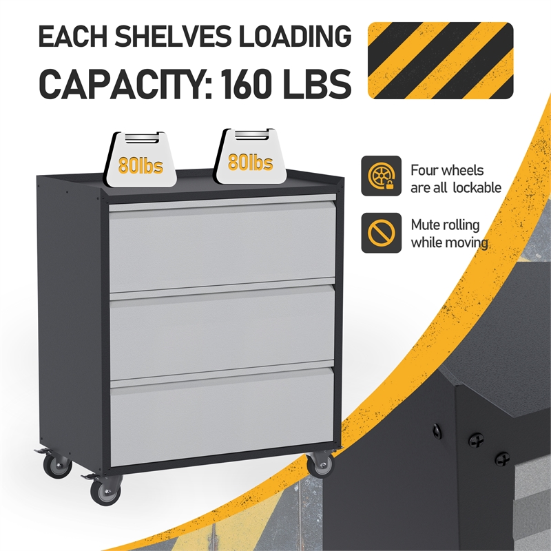 GangMei Three Drawers Metal Garage Storage Cabinet with Wheels in Gray