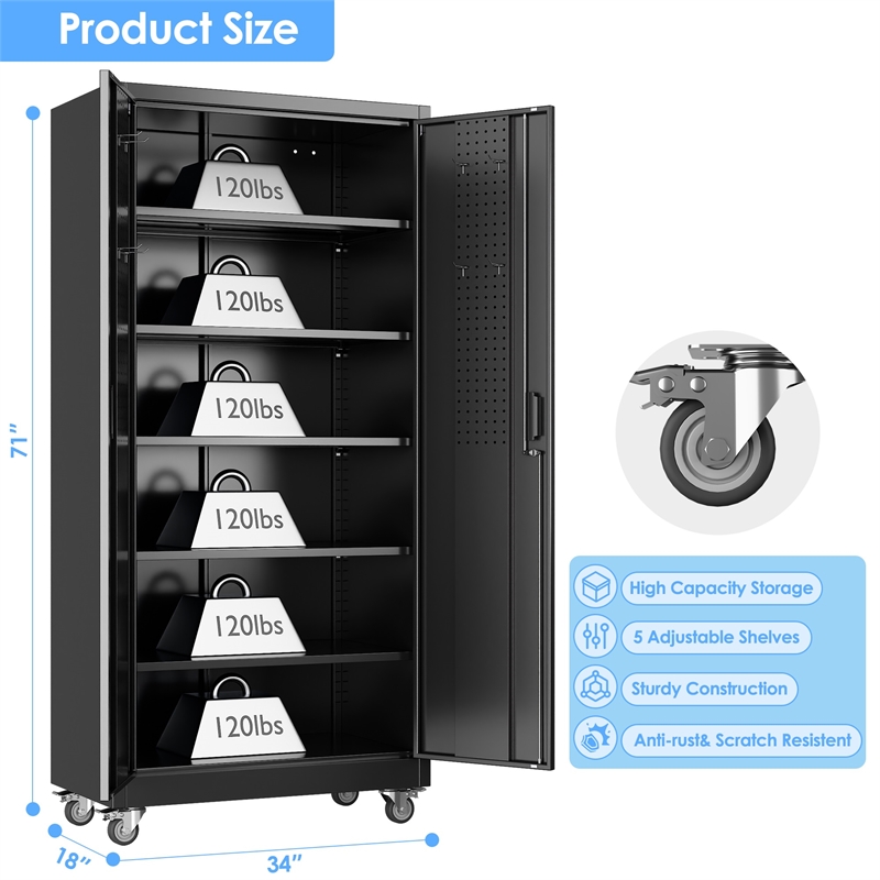 Metal Garage Storage Cabinet with Wheels and Pegboards