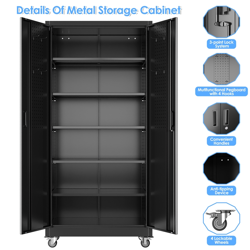 Metal Garage Storage Cabinet with Wheels and Pegboards