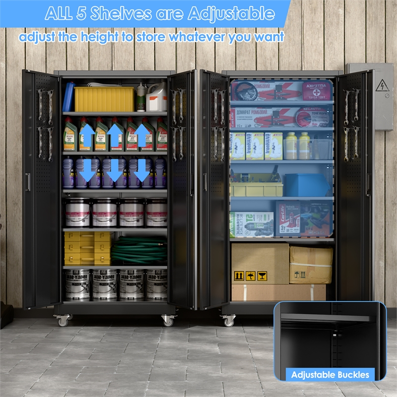 Metal Garage Storage Cabinet with Wheels and Pegboards
