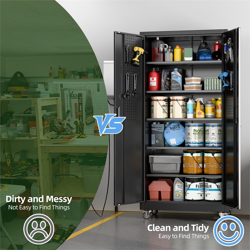 Metal Garage Storage Cabinet with Wheels and Pegboards