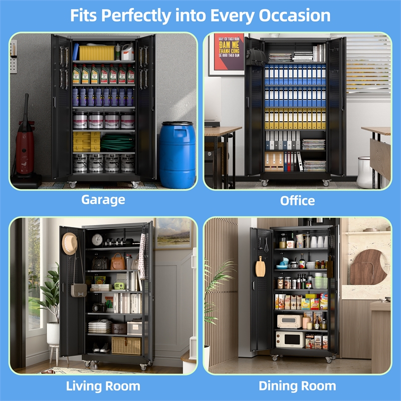 Metal Garage Storage Cabinet with Wheels and Pegboards