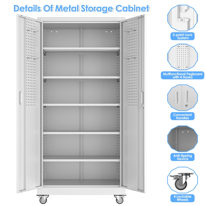 Metal Garage Storage Cabinet with Wheels and Pegboards