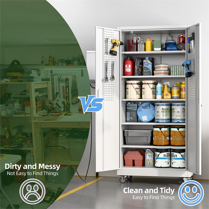 Metal Garage Storage Cabinet with Wheels and Pegboards