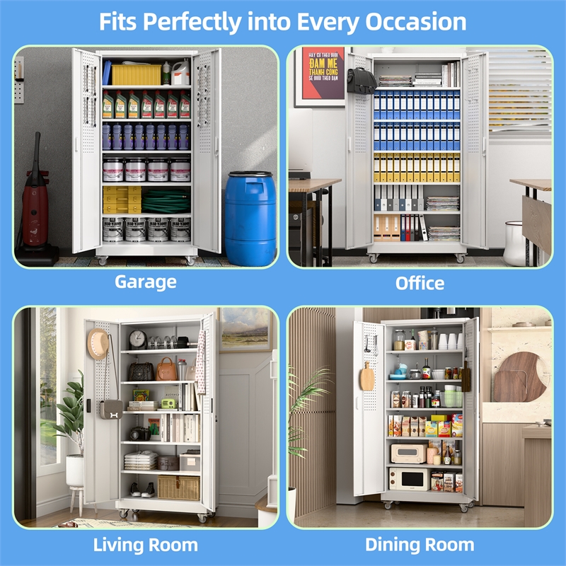 Metal Garage Storage Cabinet with Wheels and Pegboards