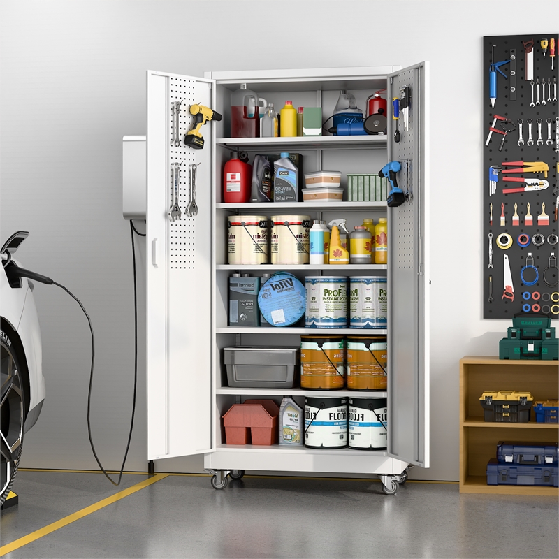Metal Garage Storage Cabinet with Wheels and Pegboards