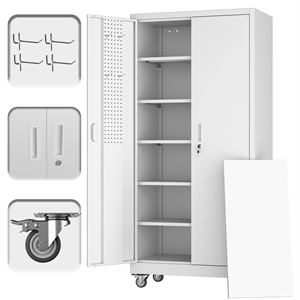 Metal Garage Storage Cabinet with Wheels and Pegboards