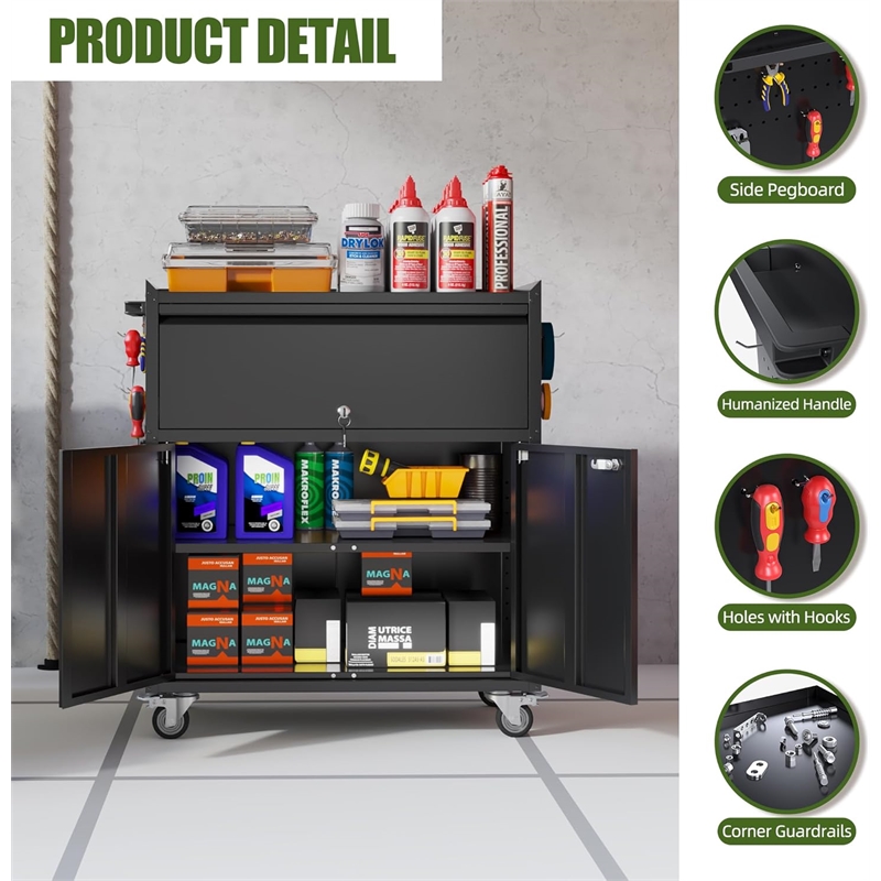 Metal Cabinet on Wheels Metal Garage Cabinet with 1 Drawer and 4 Hooks